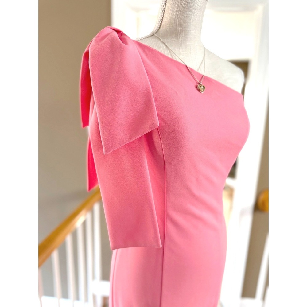 Marina Midi Crepe Dress One Shoulder Bow Accent In Coral Size XS - Picture 6 of 9